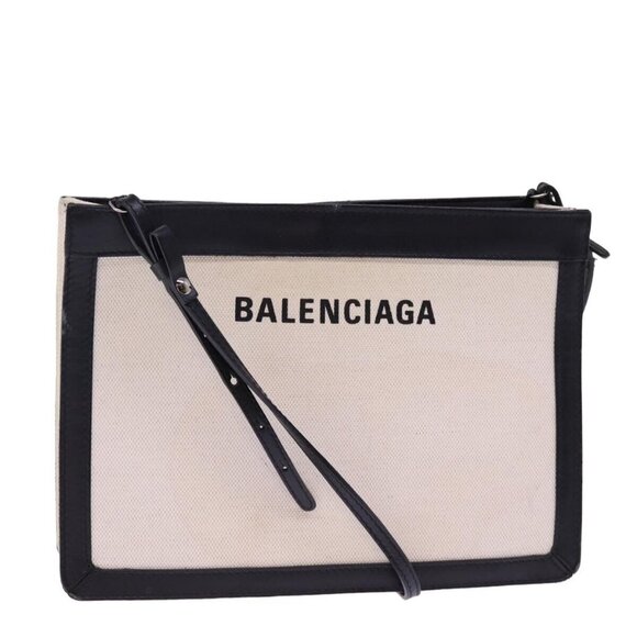 BALENCIAGA Navy Pochette Shoulder Bag Canvas Black White - Picture 1 of 16